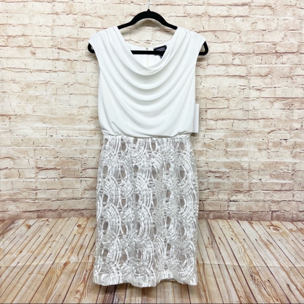 Adrianna Papell Womens Soutache Skirt Blouson Dress Size 4 Tan-Lined White NWT